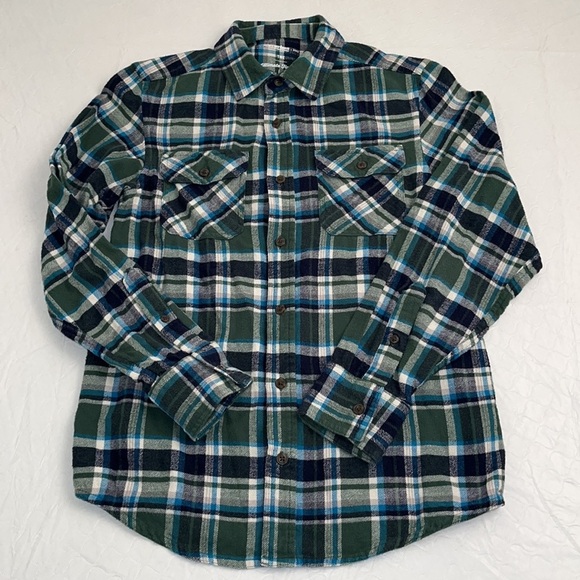 Urban Pipeline plaid navy and green flannel button down shirt L - Picture 2 of 7